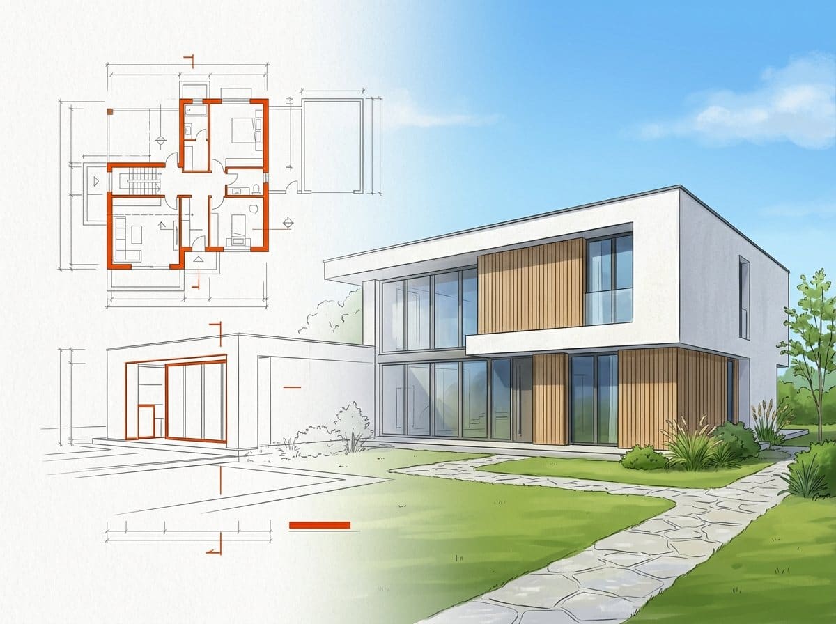 Ilustração de uma casa moderna saindo da planta e virando obra pronta, representando a construção com financiamento